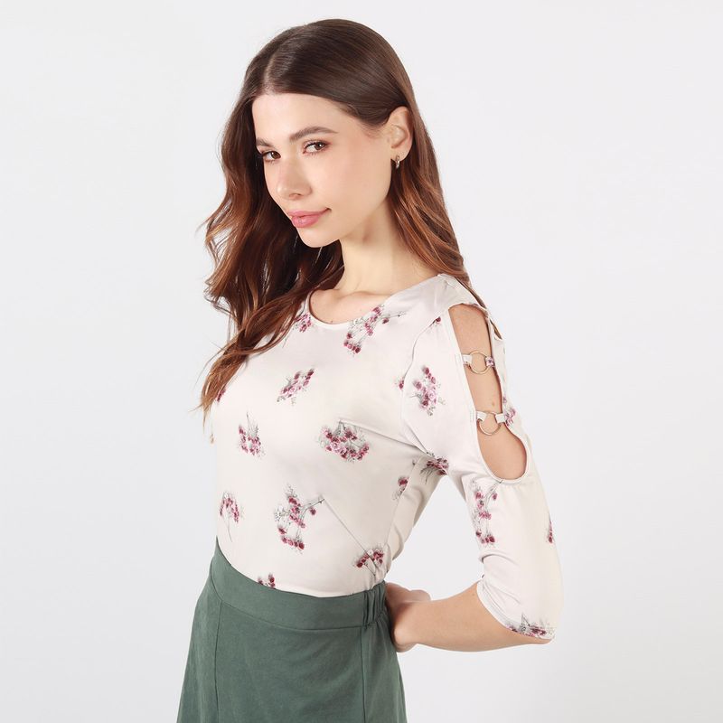 camiseta para mujer cuello redondo manga tres cuartos de flores