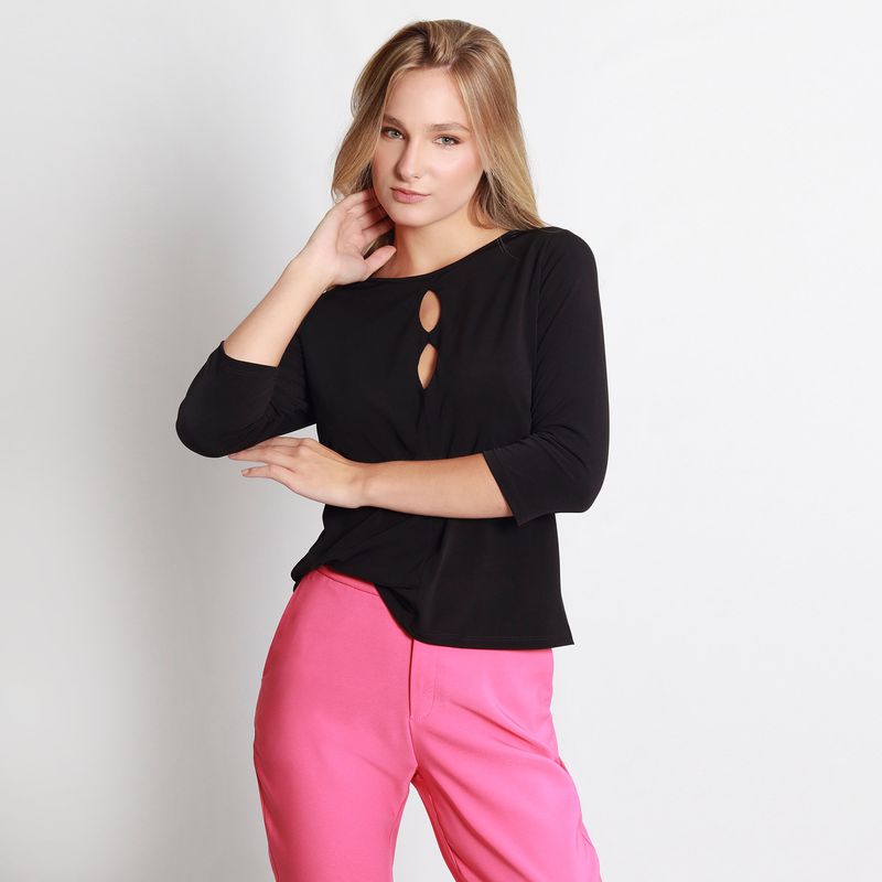 camiseta para mujer cuello redondo manga tres cuartos negra