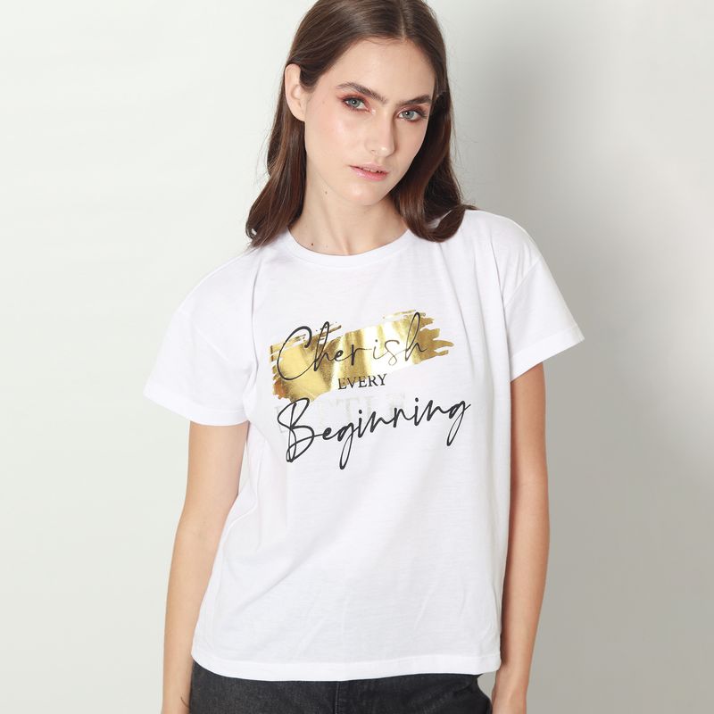 camiseta para mujer cuello redondo manga corta blanca con estampado dorado