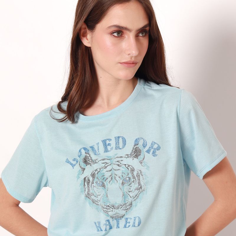 camiseta para mujer cuello redondo con estampado tigre azul