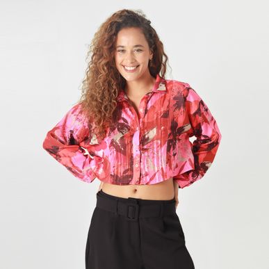Blusa Crop Cuello Camisero Manga Larga