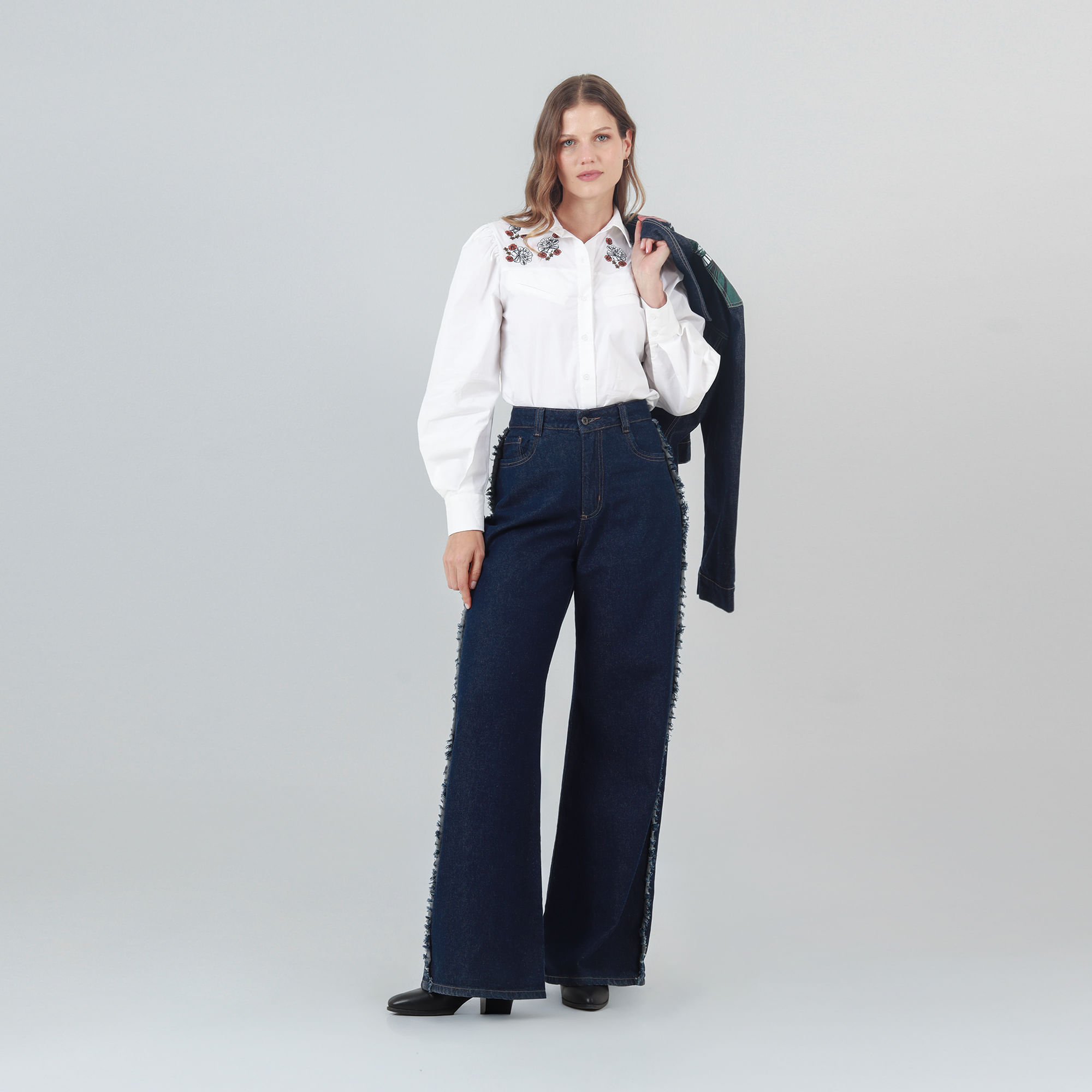 Botines Jeans Blancos Flecos Pantalones Campana Con Flecos Flare